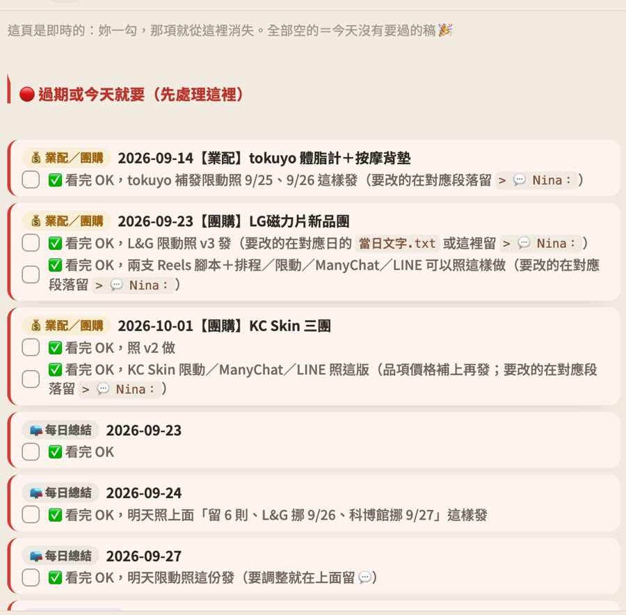待審稿清單，每一項看完打勾